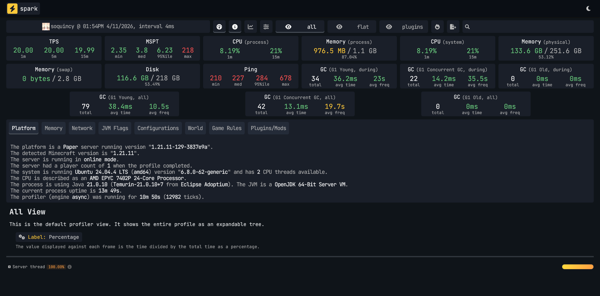 Aternos Spark profiler data
