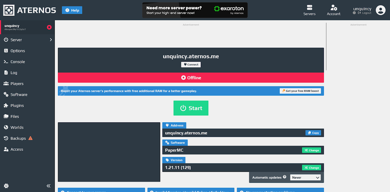 Aternos dashboard screenshot