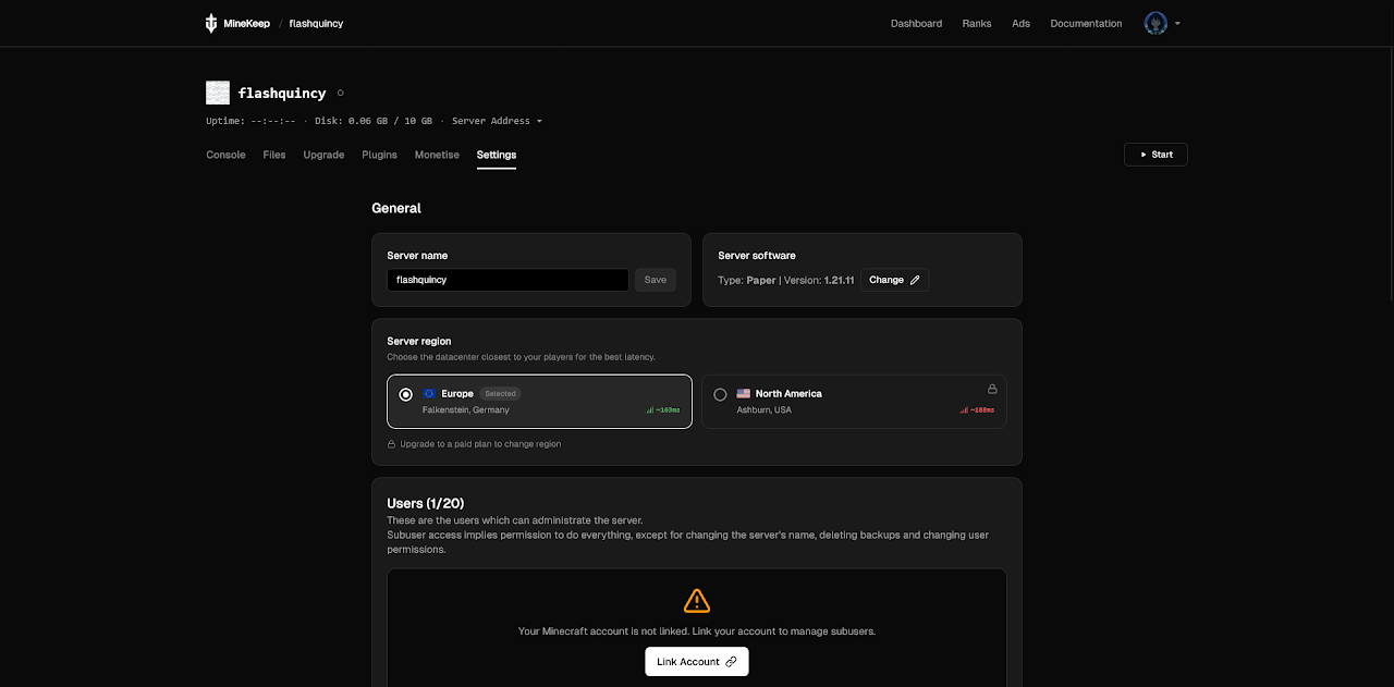 Minekeep dashboard screenshot